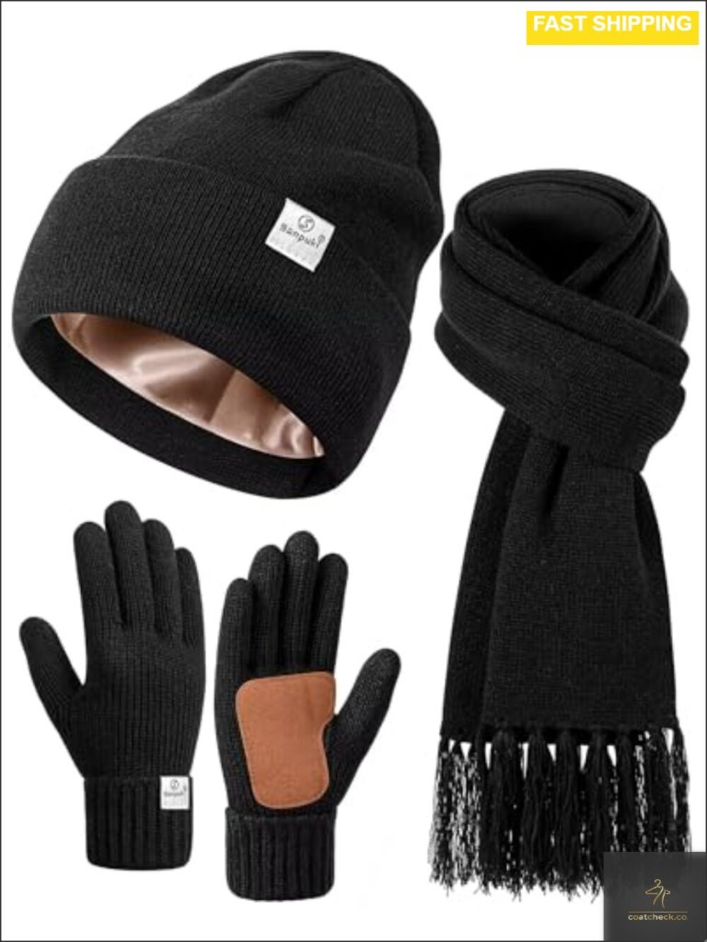 Satin Lined Beanie Scarf Gloves Set Silk Lined Winter Hats Knit Scarf Gloves
